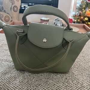 Elegant Sage Handbag.  Snap Closure.  Small Handles.  Striped Lining Interior